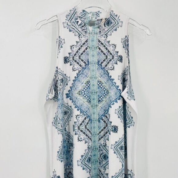 Altar'd State Size Medium Blue & White Boho Jersey Knit Mock Neck Dress - Picture 2 of 9